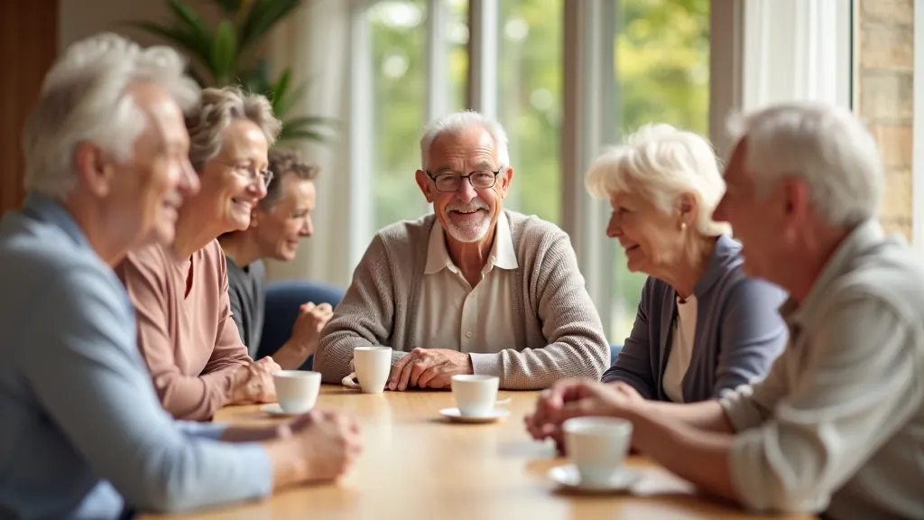 Group of older adults smiling together at a community event in Latvia