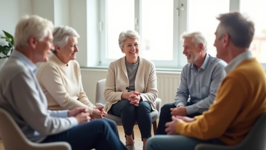 Group of diverse older adults sitting in a circle during a workshop discussion, engaged and smiling, modern bright room with large windows