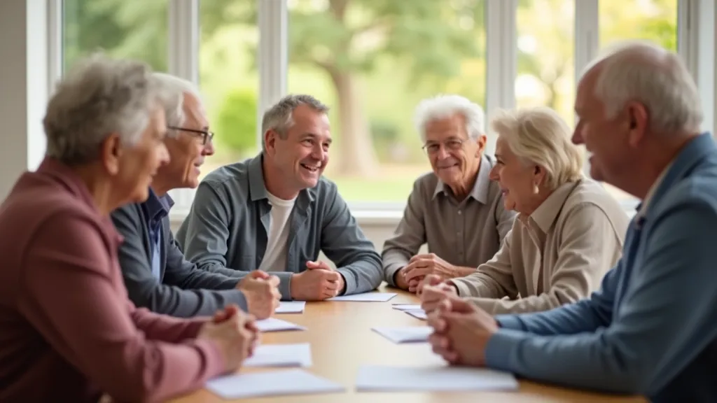 Retirees engaged in a group activity like a board game or collaborative project at an indoor community center