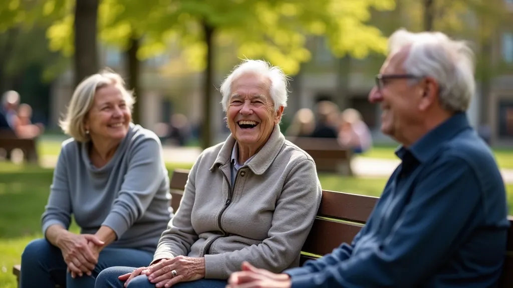 Group of retirees engaged in conversation and laughter at a community gathering in Liepāja