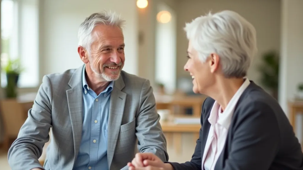 Coach and retiree in conversation during a mindset workshop, seated in a bright community center, both engaged and focused