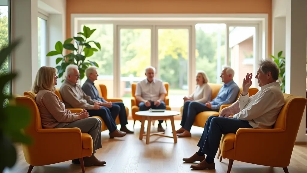 Modern bright community center room with comfortable seating arranged in circle, coffee station visible, natural light streaming through windows, welcoming atmosphere