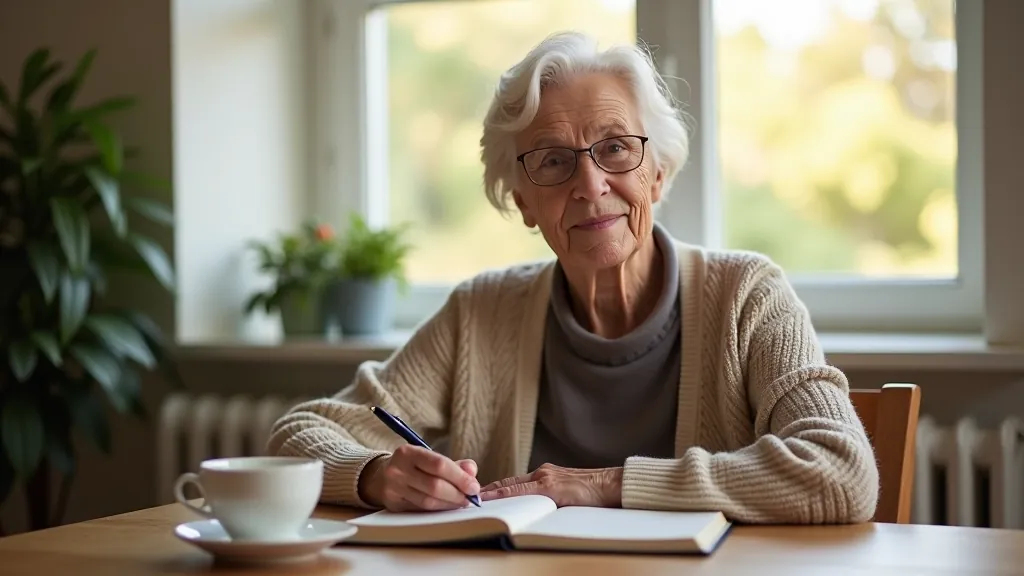 Older woman writing in a journal during a mindset workshop, seated at a wooden table with tea, natural morning light from window, focused expression